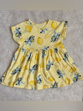 Girls’ Bright Yellow Lemon Print Dress with Fun Bluey Character